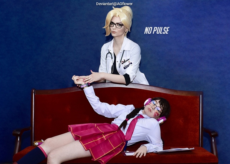 Overwatch - Angela Ziegler (Mercy) (The Guardian Angel) (Doctor) & Hana Song (D.Va) (The MEKA Pilot) Cosplay full body character photo