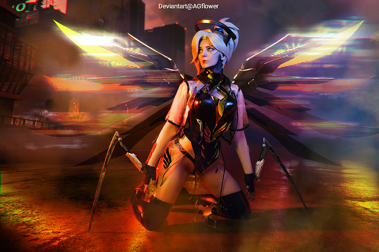 Overwatch - Angela Ziegler (Mercy) (The Guardian Angel) (Cyberpunk 2077) Cosplay full body portrait