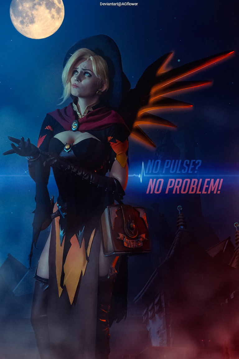 A female character in a dark, fantasy-themed costume with a cape and wings, posed dramatically against a moonlit background, holding a bag and looking up. Text reads 'NO PULSE? NO PROBLEM!'