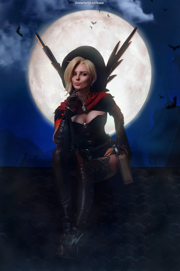 A character in a dark outfit with wings, sitting on a rooftop at night, in front of a large full moon. The scene has a mystical atmosphere with clouds and bats.