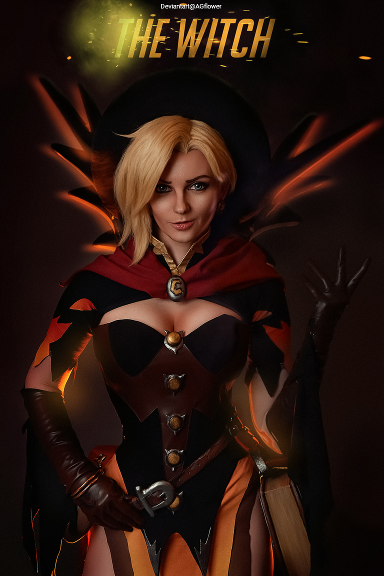 A woman dressed as a witch, featuring a stylish outfit with a black hat, red cloak, and gloves, holding a magical book. The background is dark with glowing effects, emphasizing her enchanting appearance.