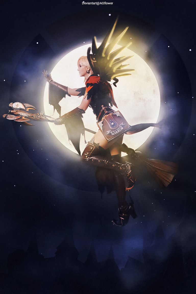 A fantasy character with blonde hair and black wings flying on a broomstick against a full moon backdrop, holding a magical staff.