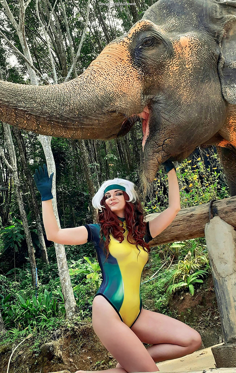 A woman dressed in a colorful costume poses next to an elephant in a lush outdoor setting.