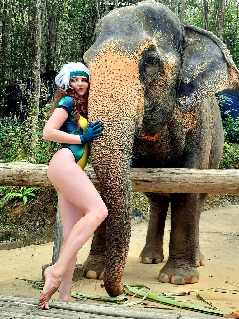 A woman dressed in a colorful swimsuit is posing closely next to an elephant in a natural outdoor setting, surrounded by greenery.