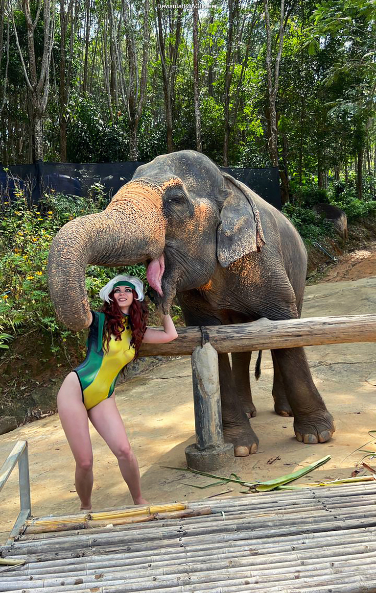 A person in a colorful swimsuit poses playfully with an elephant in a natural setting, surrounded by trees.